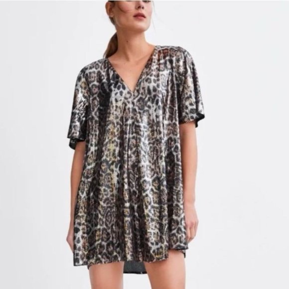 New Zara Trafaluc TRF Small Dress Sequin Animal Leopard V Neck Short Mini Swing - Picture 1 of 12